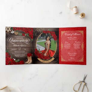 Rustic Red Rose Charro Country Western Quinceañera Tri-Fold Invitation