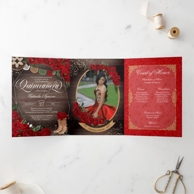 Rustic Red Rose Charro Country Western Quinceañera Tri-Fold Invitation (Inside)