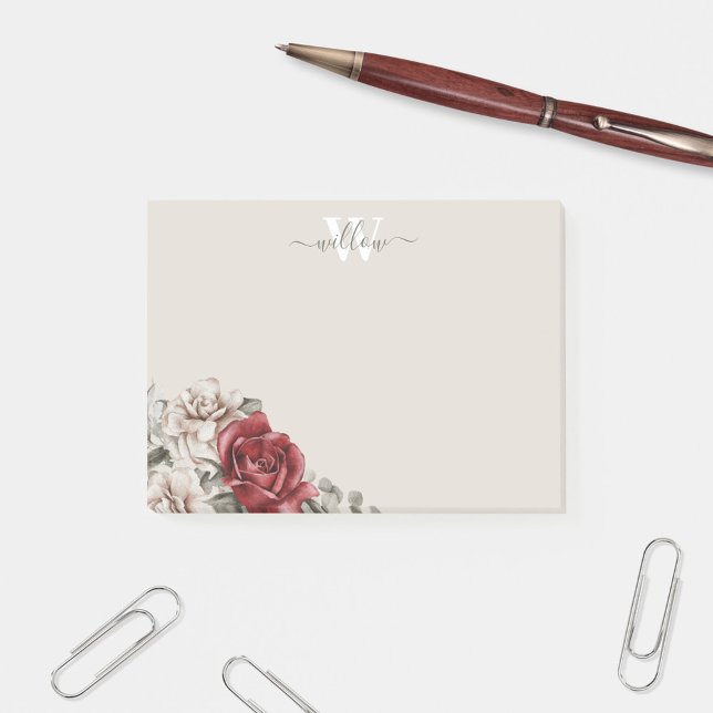 Rustic Red Rose Monogram Floral Post-It Notes (Creator Uploaded)