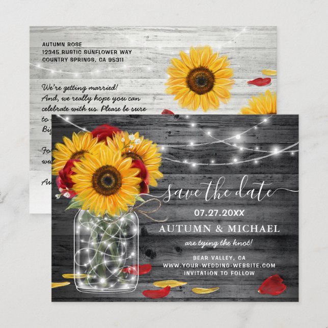 Rustic Red Rose Sunflower Wedding Save the Date Announcement Postcard (Front/Back)