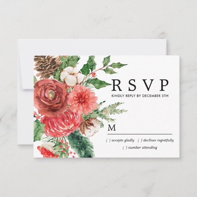 Rustic Red Rose Winter Botanical Wedding RSVP Card (Front)