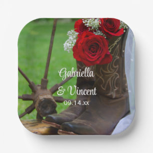 Rustic Red Roses and Cowboy Boots Western Wedding Paper Plate