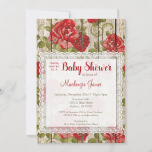 Rustic Red Roses Baby Shower Invitation Lace Wood