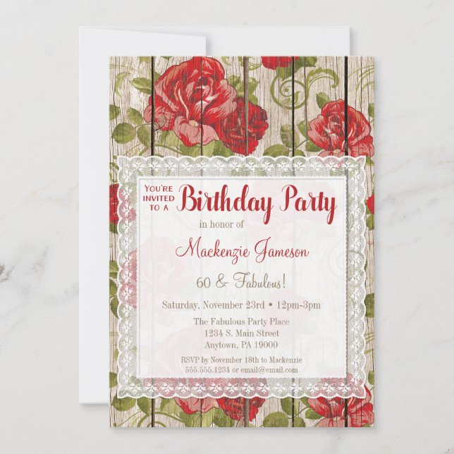 Rustic Red Roses Birthday Invitation Lace Wood (Front)