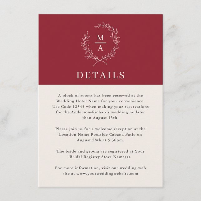 Rustic Red Simple Elegant Monogram Details Enclosure Card (Front)