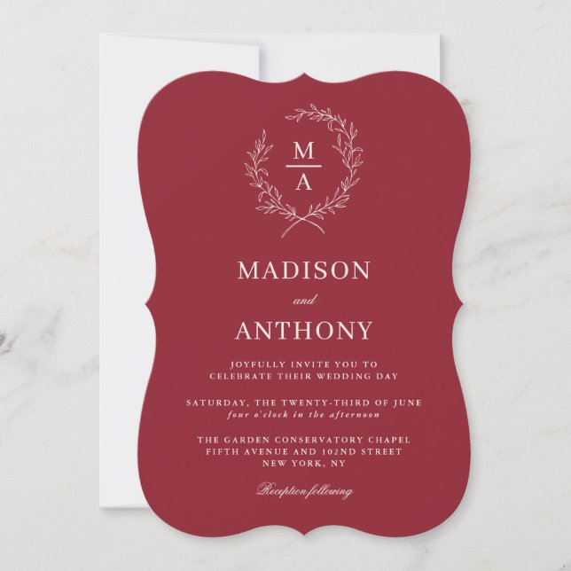 Rustic Red Simple Elegant Monogram Wedding Invitation (Front)
