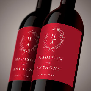 Rustic Red Simple Elegant Monogram Wedding Wine Label