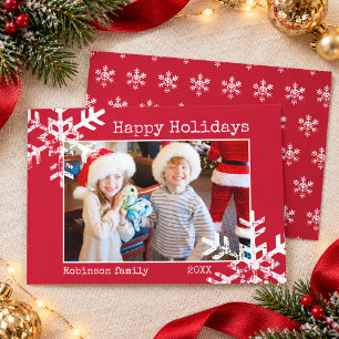 Rustic Red Snowflakes Happy Holidays Family Photo  Holiday Card