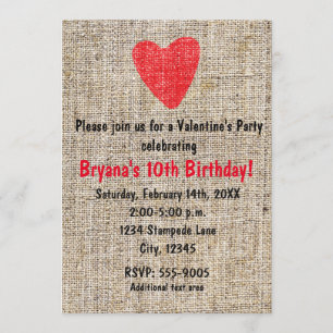 Rustic Red Stamped Heart Burlap Valentine Party Invitation