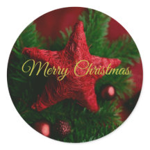 Rustic Red Star On Pin Branch Christmas Sticker