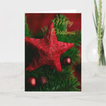 Rustic Red Star on Pine Christmas Greeting Card