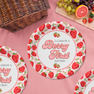 Rustic Red Strawberry Pattern Girl Berry First Paper Plate