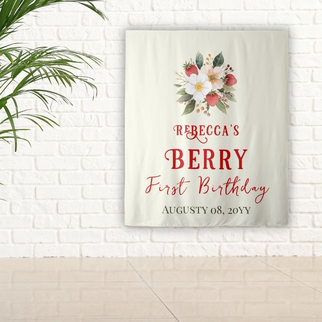 Rustic Red Strawberry Theme Berry First Birthday Tapestry (Creator Uploaded)