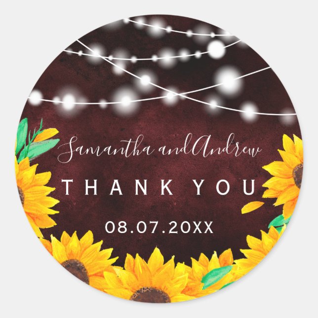 Rustic red string lights sunflower Thank you Classic Round Sticker (Front)
