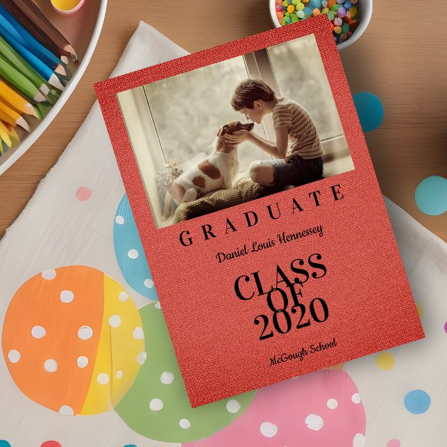 Rustic Red Stylish Linen Effect Photo Grad (Rustic Red Stylish Linen Effect Photo Graduate Graduation Announcement Card. )
