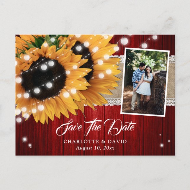 Rustic Red Sunflower Save The Date Photo Postcards (Front)