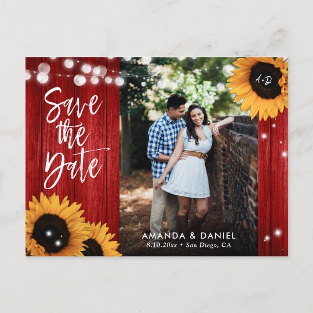 Rustic Red Sunflower Save The Date Postcard (Front)
