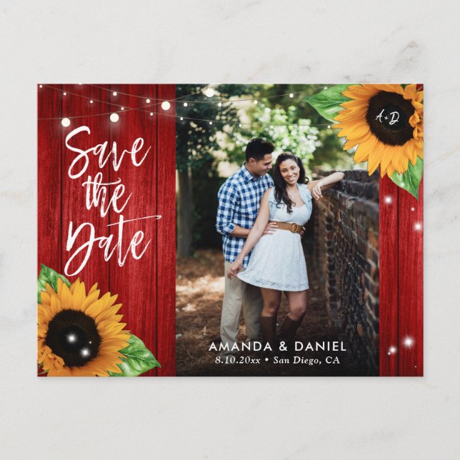 Rustic Red Sunflower Save The Date Postcard (Front)