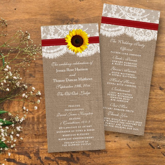 Rustic Red Sunflower Wedding Program Rack Card (Creator Uploaded)