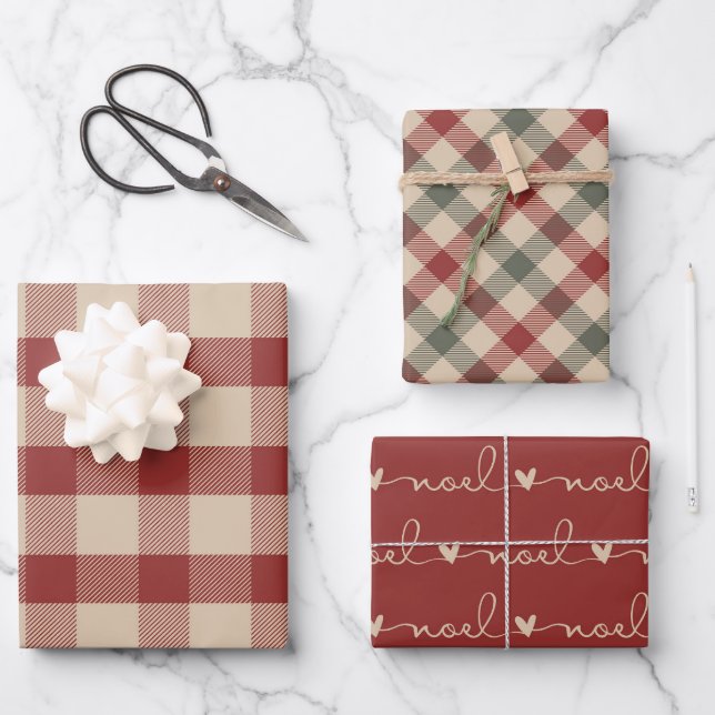 Rustic Red, Tan & Green Christmas Wrapping Paper (Front)