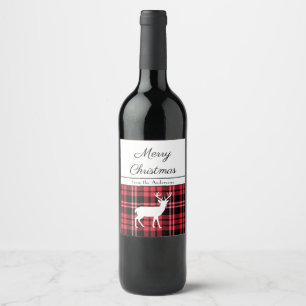 Rustic Red Tartan Plaid Deer Christmas Wine Label