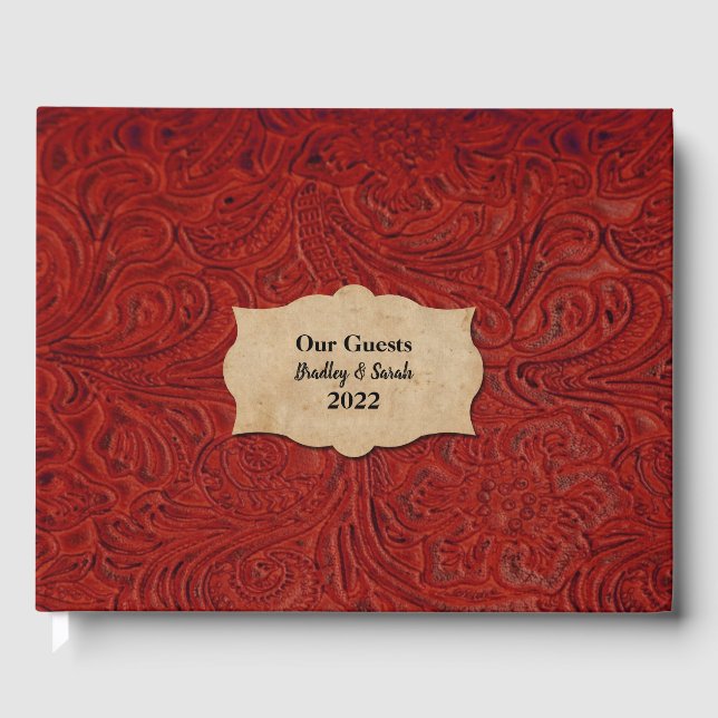 Rustic Red Tooled Leather (Faux) Personalised Guest Book (Front)