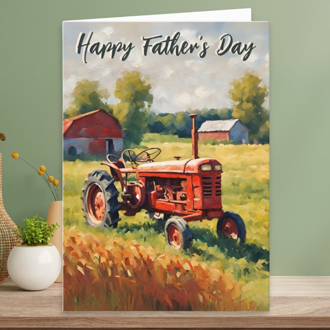 Rustic Red Tractor Father's Day Card (A Father's Day card with illustration of an retro red tractor in a field on a farm)