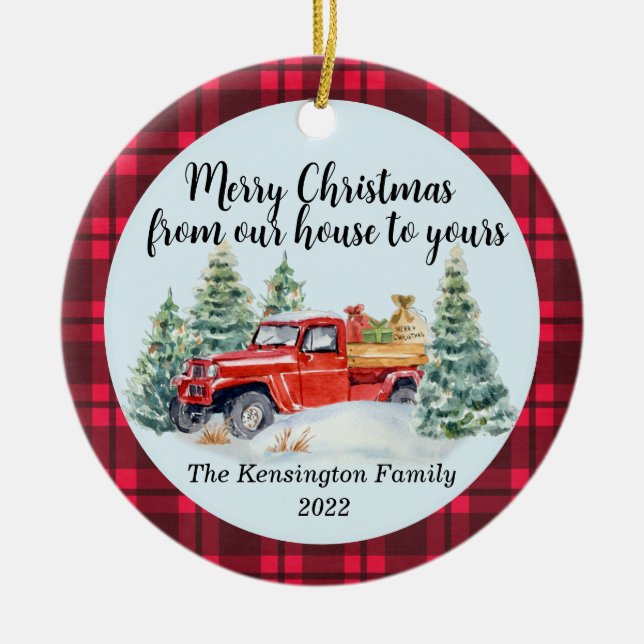 Rustic Red Truck - Buffalo Plaid - Friends Family Ceramic Tree Decoration (Front)