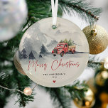 Rustic Red Truck Christmas Personalised Glass Tree Decoration<br><div class="desc">Rustic watercolor red truck Merry Christmas glass ornament. Personalise by adding your family name/s and year.</div>