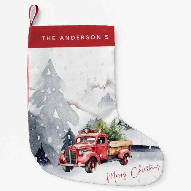 Rustic Red Truck Christmas Personalised Small Christmas Stocking (Front)