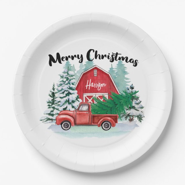 Rustic Red Truck Christmas Tree Personalised White Paper Plate (Front)