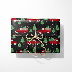 Rustic Red Truck Christmas Wrapping Paper on Black