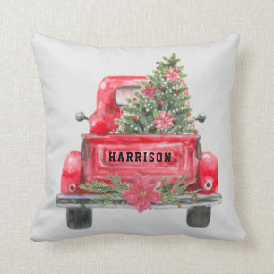 Rustic Red Truck Family Name Christmas Pine Tree Cushion