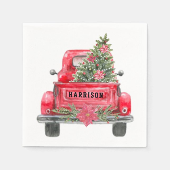 Rustic Red Truck Family Name Christmas Pine Tree Napkin (Front)