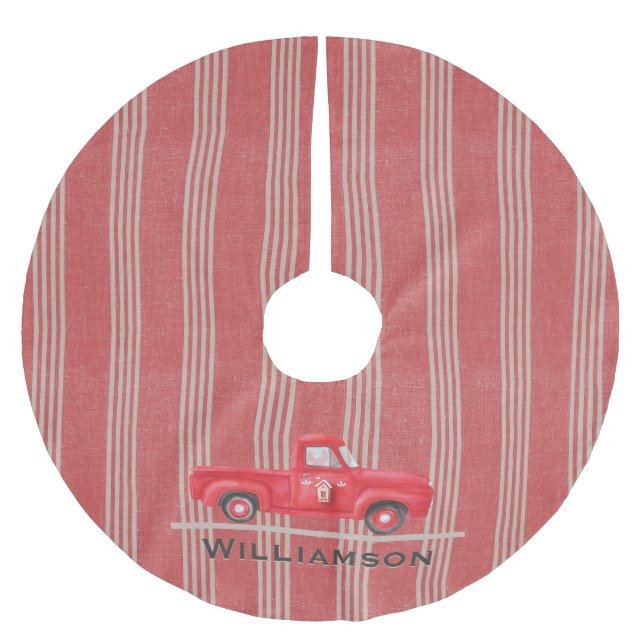 Rustic Red Truck Farm House Ticking Stripe Brushed Polyester Tree Skirt (Front)