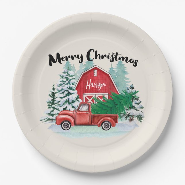  Rustic Red Truck Farmhouse Christmas Personalised Paper Plate (Front)