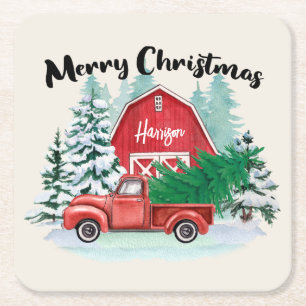 Rustic Red Truck Farmhouse Christmas Personalised Square Paper Coaster