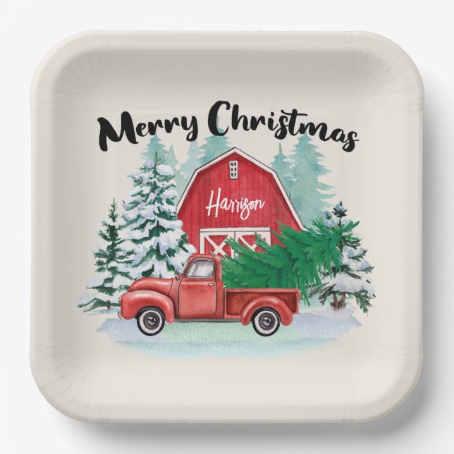 Rustic Red Truck Farmhouse Christmas Square Paper Plate (Front)