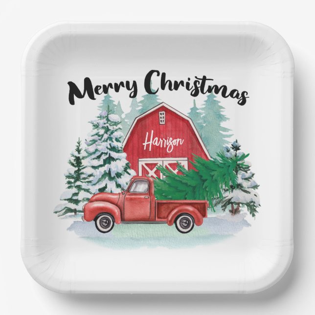 Rustic Red Truck Farmhouse Christmas Square White Paper Plate (Front)
