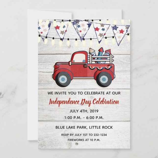 Rustic Red Truck Fireworks 4th of July Invitation (Front)