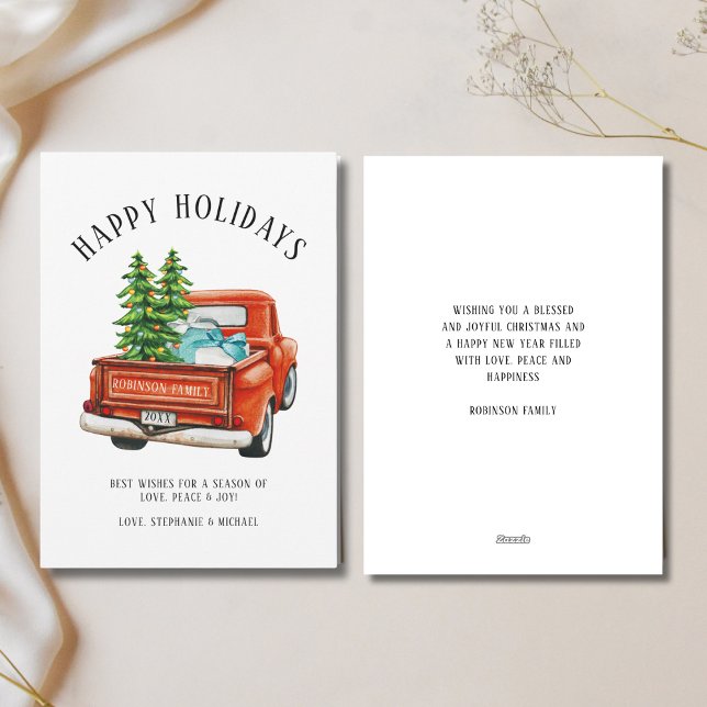 Rustic Red Truck Happy Holidays Christmas Tree Holiday Card (Creator Uploaded)
