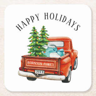 Rustic Red Truck Happy Holidays Christmas Tree Square Paper Coaster