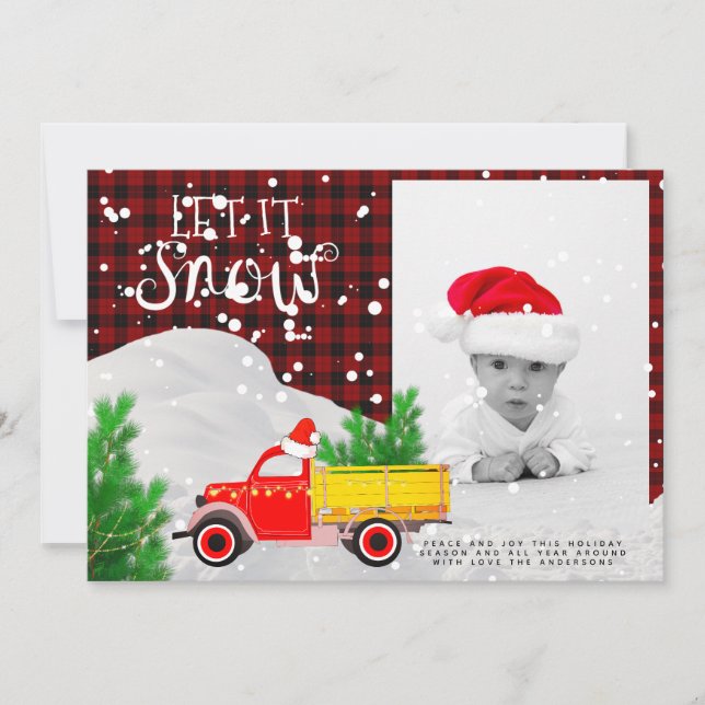 Rustic Red Truck PHOTO Christmas Buffalo Plaid Card (Front)
