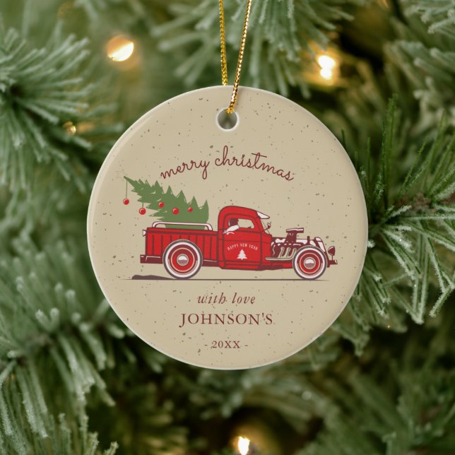 Rustic Red Truck Tree Name Photo Ceramic Tree Decoration (Tree)