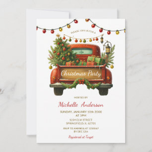 Rustic Red Truck Winter Pine Tree Christmas Party Invitation