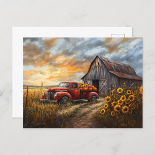Rustic Red Truck with Pumpkins and Sunflowers Postcard