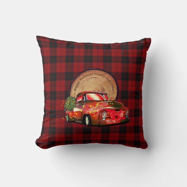 Rustic Red Truck Xmas Decor Buffalo Plaid Red Cushion (Front)