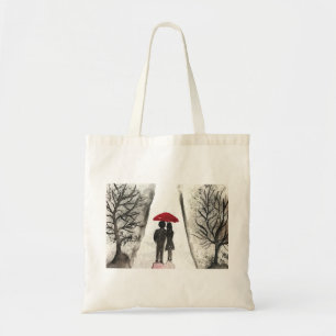 Rustic red umbrella couple in love wedding chic tote bag