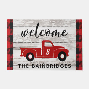 Rustic Red Vintage Truck Buffalo Check Family Name Doormat