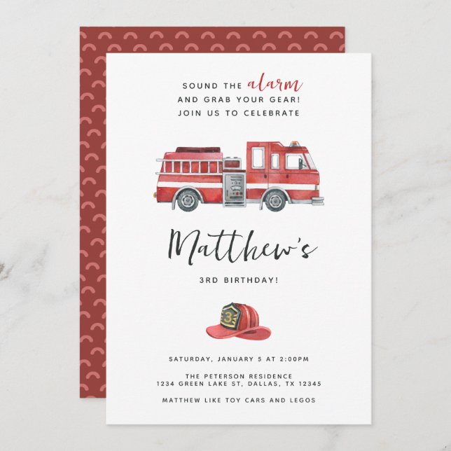 Rustic Red Watercolor Firetruck Birthday Party Invitation (Front/Back)